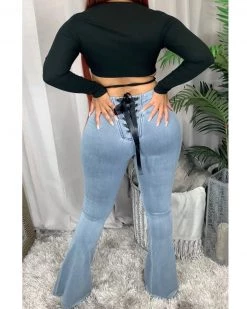 Divanewlook Plus Size MANY SATIN TIE DENIM JEANS